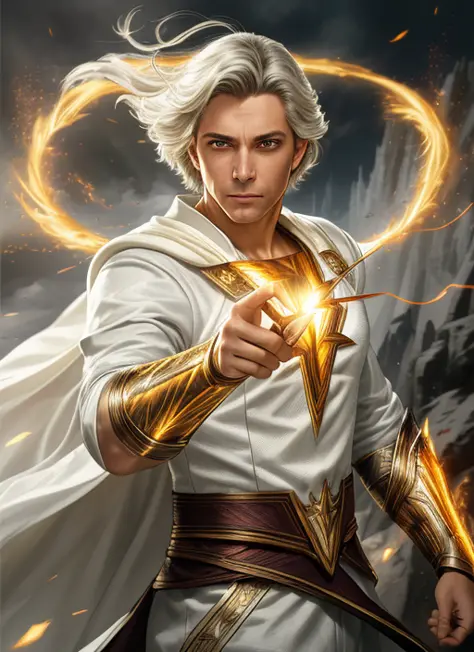 photorealistic photo of a handsome young male wizard, white wizard shirt with golden trim, white robe moving in the wind, long w...