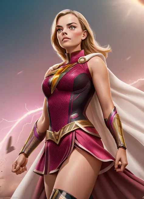 1 chica, obra maestra, Foto HQ, cartel de la película, Margot Robbie,  Traje shazam rosa y negro sin mangas, capa blanca, 8K, HD, Cinemática HDRI, 