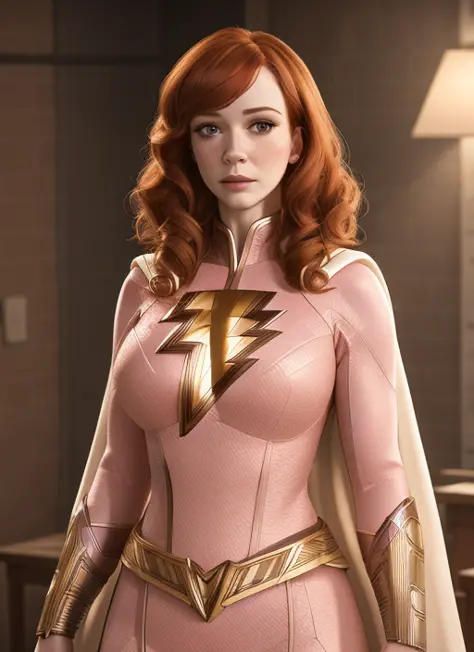 1girl, masterpiece, hq photo, christina hendricks,  she wears a  shazamsuit, white cape,  he is in a studio room, 8k, uhd, hdri ...