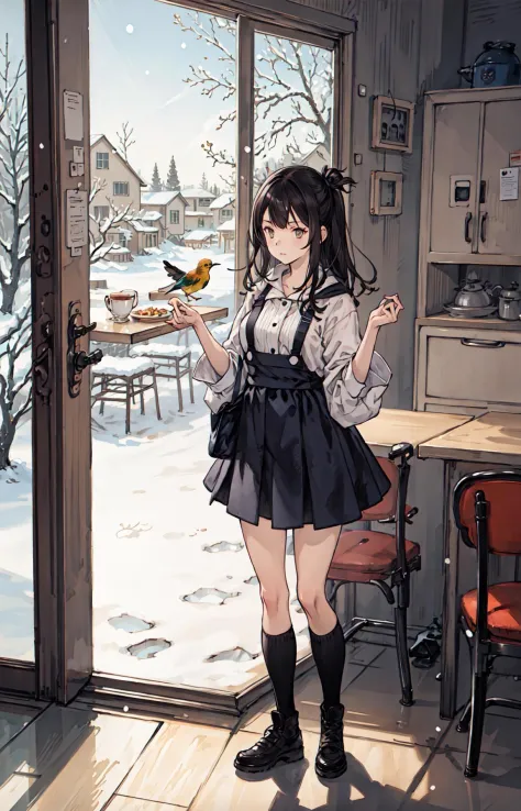 Meilleure qualité, contexte détaillé, fille,mer, cafétéria, oiseau, neige, hiver,