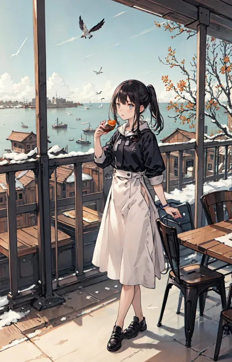 best quality, detailed background, girl,sea, cafeteria, bird, snow, winter,