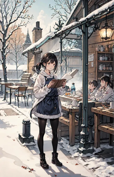 最高品質, 詳細な背景, 女の子,海, カフェテリア, 鳥, 雪, 冬,