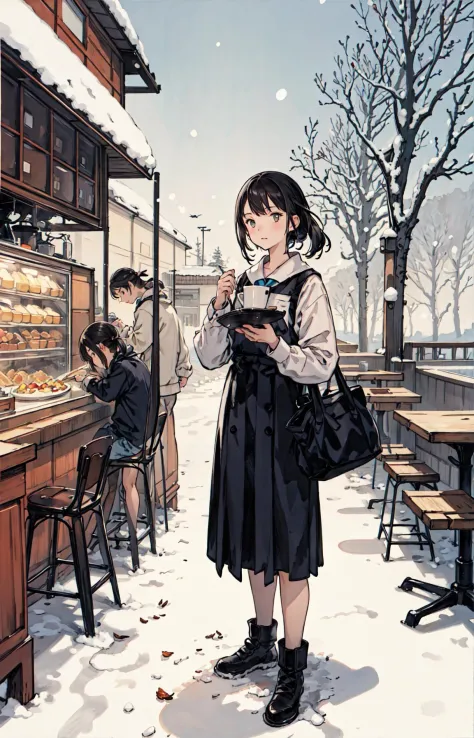 best quality, detailed background, girl,sea, cafeteria, bird, snow, winter,