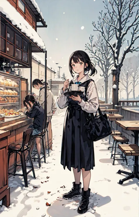 最高品質, 詳細な背景, 女の子,海, カフェテリア, 鳥, 雪, 冬,