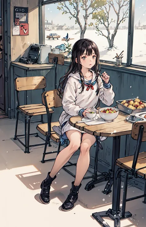 best quality, detailed background, girl,sea, cafeteria, bird, snow, winter, 