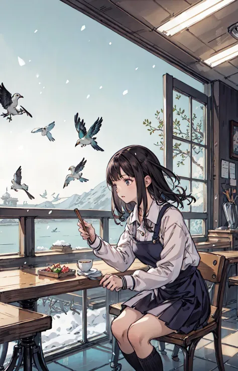 best quality, detailed background, girl,sea, cafeteria, bird, snow, winter, <lora:shadowverseFlame_hahajimafuwariV3:0.3>