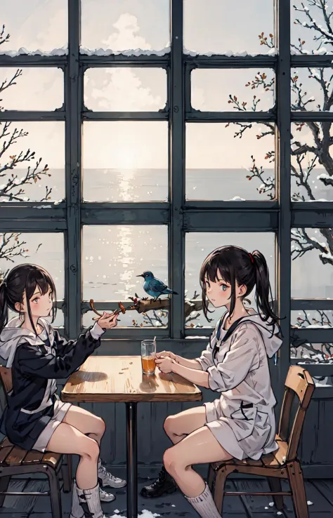 best quality, detailed background, girl,sea, cafeteria, bird, snow, winter,