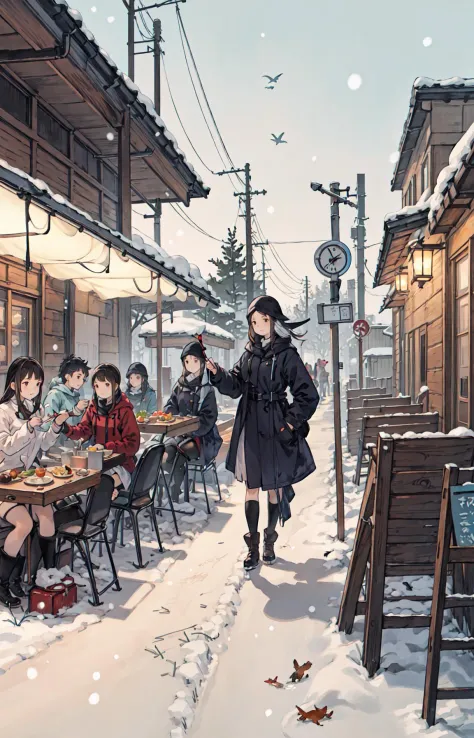 best quality, detailed background, girl,sea, cafeteria, bird, snow, winter,