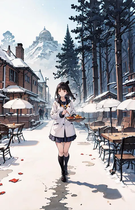 best quality, detailed background, girl,sea, cafeteria, bird, snow, winter, 