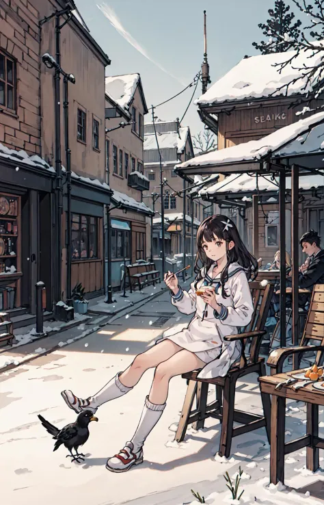 best quality, detailed background, girl,sea, cafeteria, bird, snow, winter, <lora:shadowverseFlame_hahajimafuwariV3:0.3>