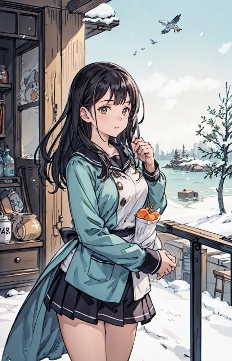 best quality, detailed background, girl,sea, cafeteria, bird, snow, winter, <lora:shadowverseFlame_hahajimafuwariV3:0.3>