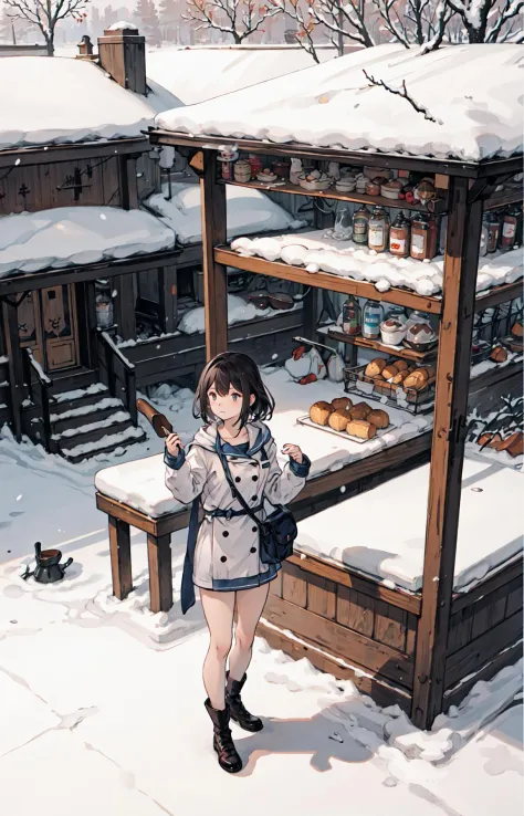 best quality, detailed background, girl,sea, cafeteria, bird, snow, winter,