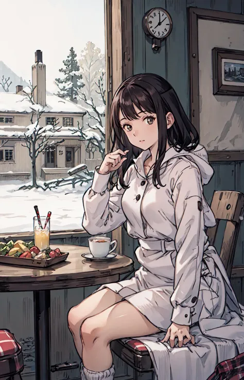 best quality, detailed background, girl,sea, cafeteria, bird, snow, winter, <lora:shadowverseFlame_hahajimafuwariV3:0.3>