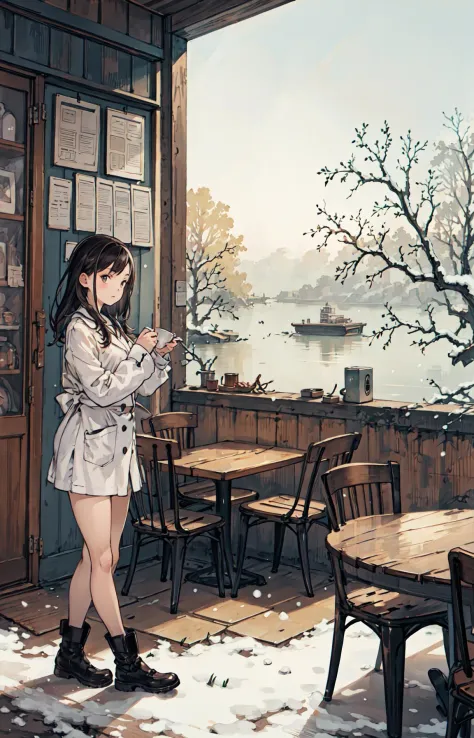 best quality, detailed background, girl,sea, cafeteria, bird, snow, winter,