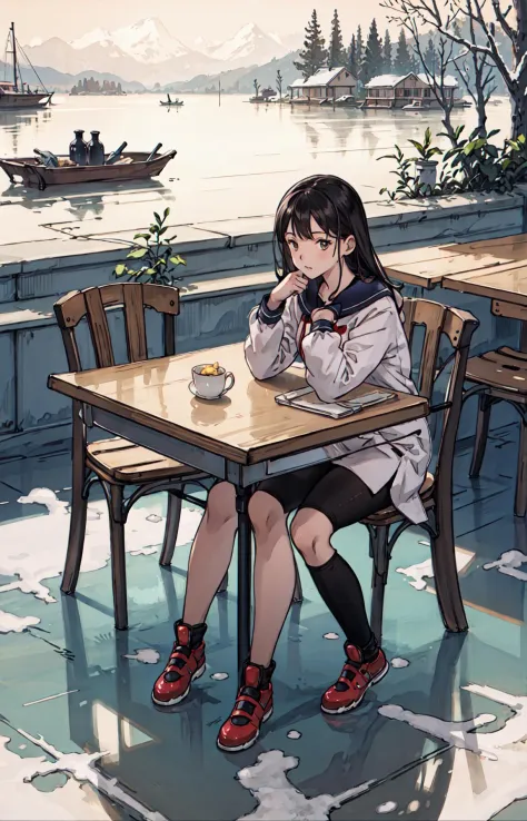 best quality, detailed background, girl,sea, cafeteria, bird, snow, winter, 