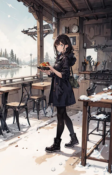 best quality, detailed background, girl,sea, cafeteria, bird, snow, winter,