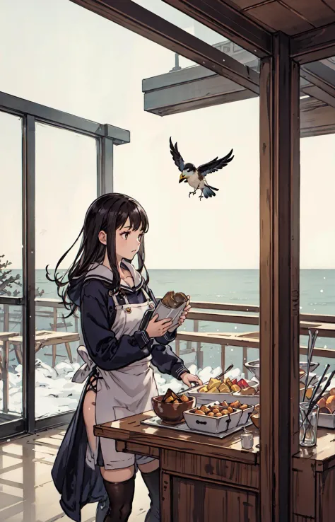best quality, detailed background, girl,sea, cafeteria, bird, snow, winter, <lora:shadowverseFlame_hahajimafuwariV3:0.3>
