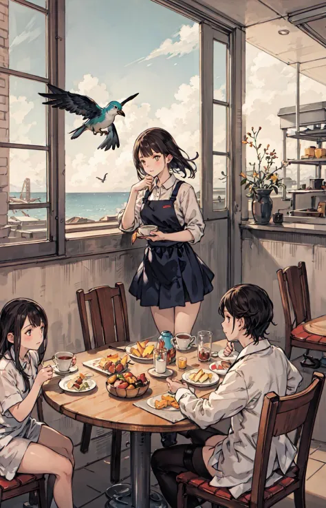 最高品質, 詳細な背景, 女の子,海, カフェテリア, 鳥, 雪, 冬,