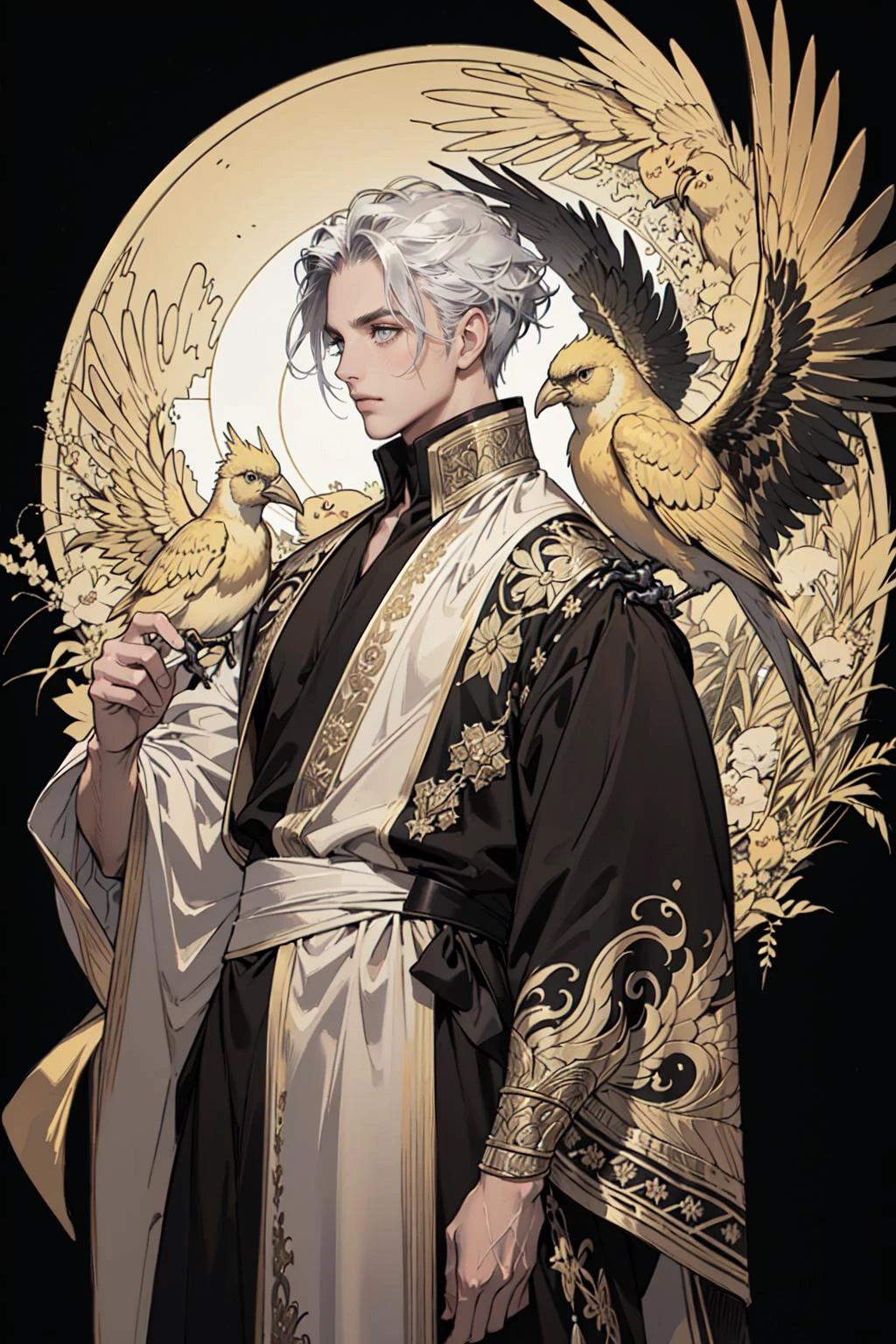 realistic,  (masterpiece, top quality, best quality, official art, beautiful and aesthetic:1.2), extremely detailed,fractal art,colorful,highest detailed,zentangle,(abstract background:1.3)
solo mature male, tall muscular guy, (golden birds),
silver hair, bright eyes,hair slicked back, short hair, black robe,