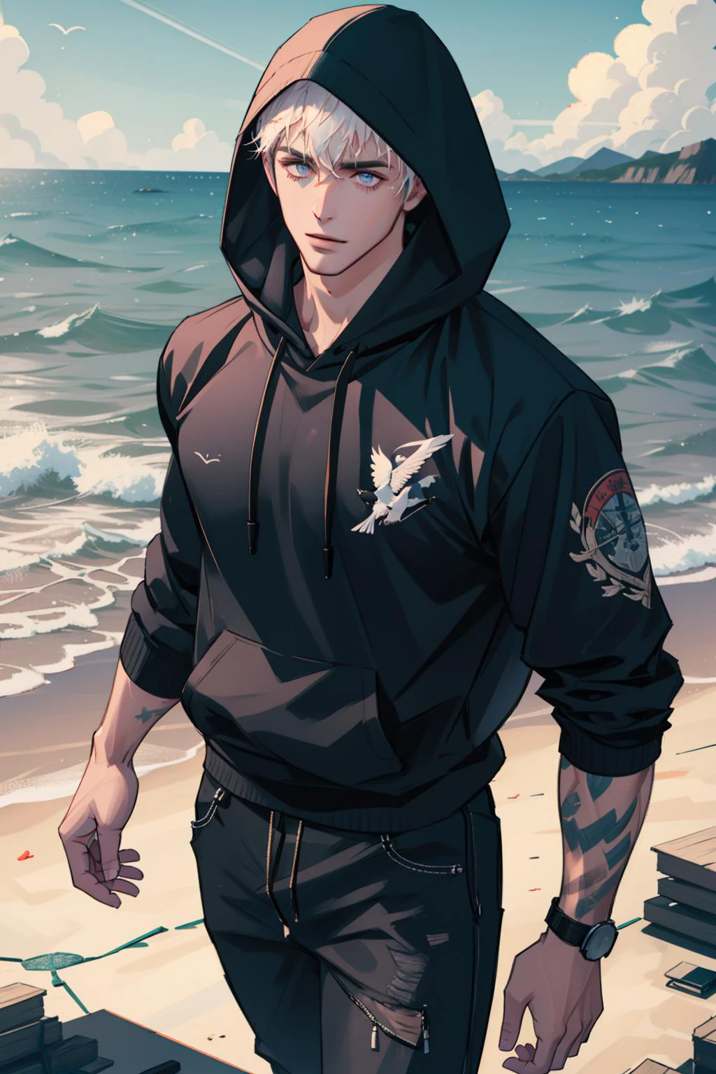 (masterpiece, best quality), 1 male, adult, handsome, tall muscular guy, broad shoulders, finely detailed eyes and detailed face, extremely detailed CG unity 8k wallpaper, intricate details, very short hair, complex pattern, detailed face, best ratio four finger and one thumb, casual clothes, oversized hood, ocean background, many birds, blue sky full of extremely brilliant clouds, sparkling horizon, glittering debris