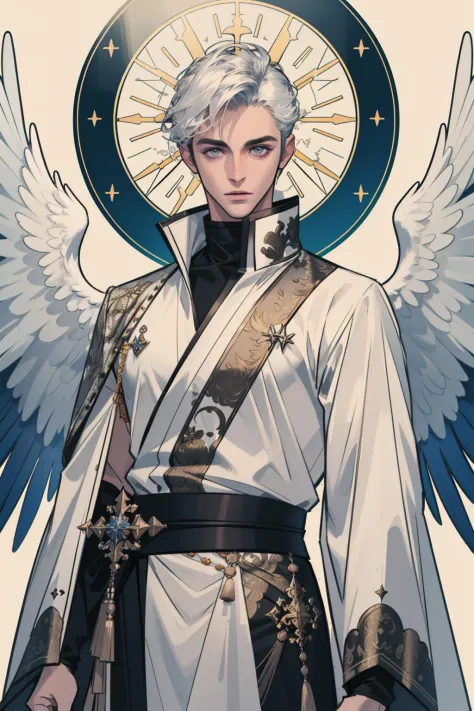 (masterpiece, best quality), 1 male, solo, adult, handsome, tall muscular guy, broad shoulders, finely detailed eyes and detailed face, extremely detailed CG unity 8k wallpaper, intricate details, angelic messenger, feathered wings, celestial realm, divine messages, Grace, Purity, Compassion