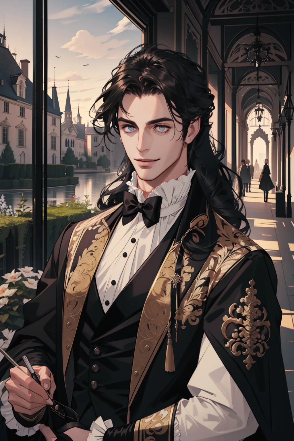(masterpiece, best quality), 1 male, adult, handsome, tall muscular guy, broad shoulders, finely detailed eyes and detailed face, extremely detailed CG unity 8k wallpaper, intricate details, long black hair, large 18th-century baroque mansion, garden, nobleman, aristocratic, elegant, neat, graceful, sunset, scenery, smile