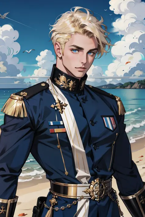 (masterpiece, best quality), 1 male, mature, aged up:1.4, tall muscular guy, broad shoulders, finely detailed eyes and detailed face, extremely detailed CG unity 8k wallpaper, intricate details, Fantasy, royal, nobleman, Admiral, short hair, blonde hair, blue eyes, fleet commander, navy, commander, white uniform, ocean, cloudy sky, wave