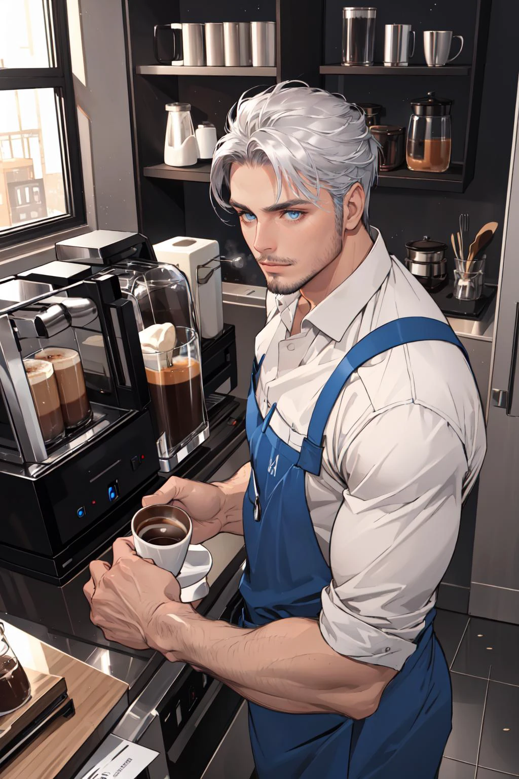 realistic, (best quality, masterpiece:1.3),  finely detailed eyes and detailed face, coffee machine, kitchen, solo mature male, tall muscular guy, silver hair, blue eyes, silver facial hair,