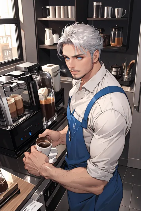 realistic, (best quality, masterpiece:1.3),  finely detailed eyes and detailed face, coffee machine, kitchen, solo mature male, ...