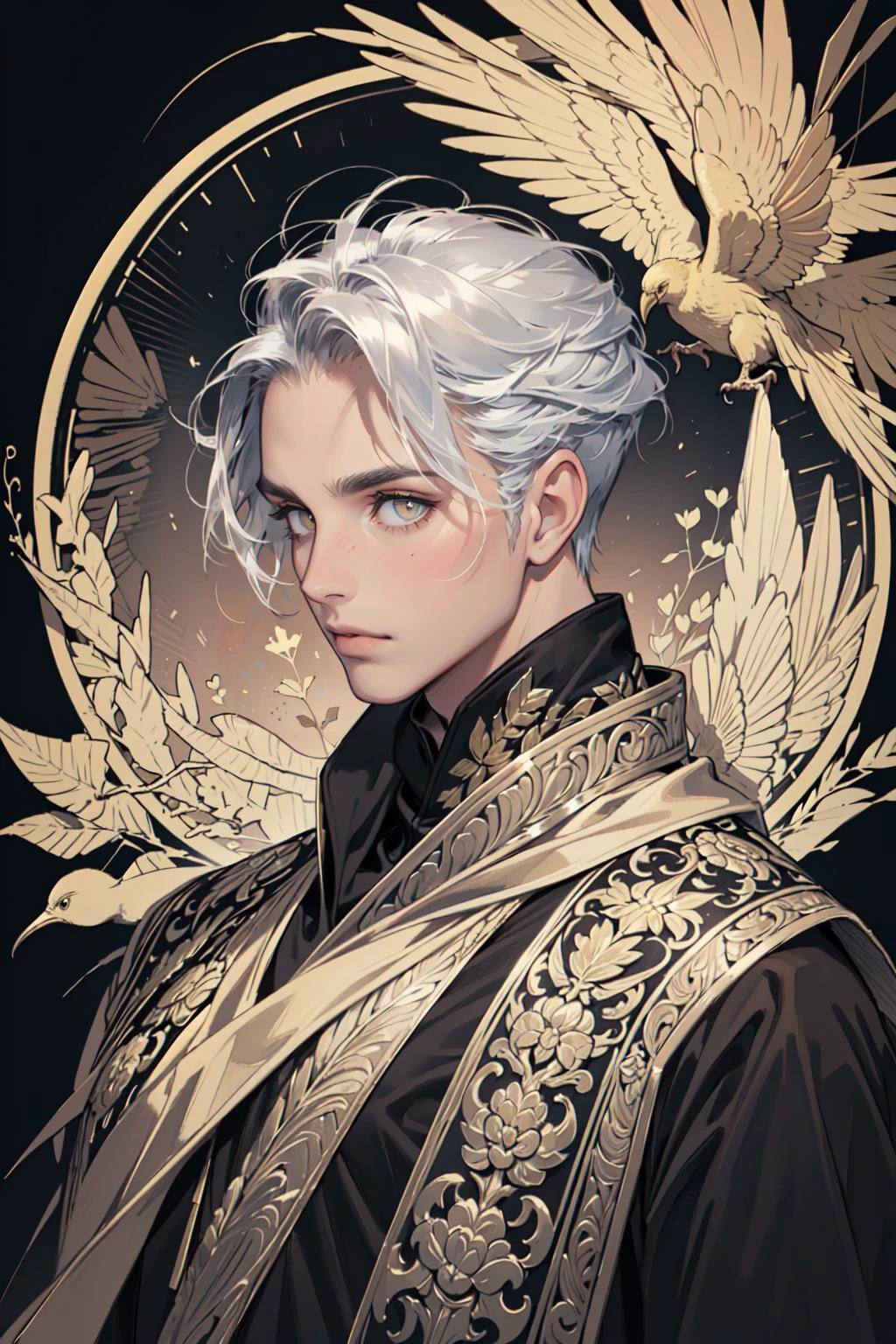 realistic,  (masterpiece, top quality, best quality, official art, beautiful and aesthetic:1.2), extremely detailed,fractal art,colorful,highest detailed,zentangle,(abstract background:1.3)
(1boy:1.3), (golden birds),
silver hair, bright eyes,hair slicked back, short hair, black robe,