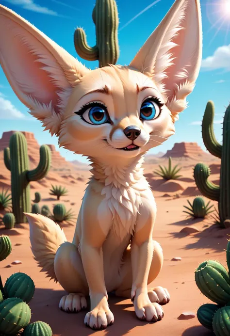 zPDXL,1 small fennec, big blue eyes, cute, fur, fluffy, lush desert oasis, vivid colors, vibrant, (looking at a scorpio), cactus