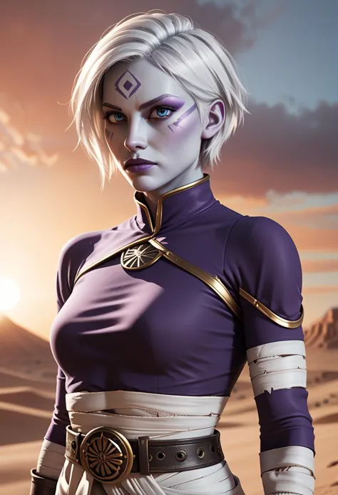 a woman in a purple outfit standing in a desert area