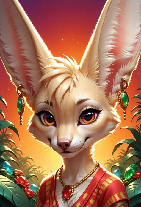 zPDXL,1 small fennec, big red eyes, cute, fur, fluffy, gem necklace, earrings, lush oasis, vivid colors, vibrant, (looking at a ...