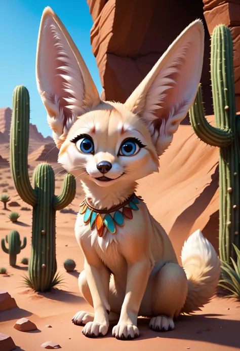 zPDXL,1 small fennec, big blue eyes, cute, fur, fluffy, lush desert oasis, vivid colors, vibrant, (looking at a scorpio), cactus