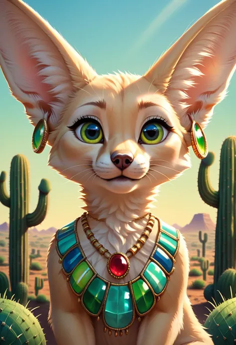 zPDXL,1 small fennec, big green eyes, cute, fur, fluffy, gem necklace, earrings, lush oasis, vivid colors, vibrant, (looking at ...