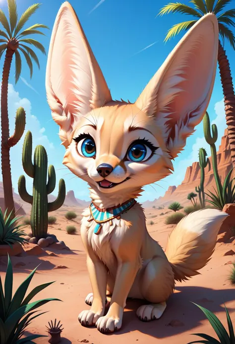 zPDXL,1 small fennec, big blue eyes, cute, fur, fluffy, lush desert oasis, vivid colors, vibrant, (looking at a scorpio), cactus