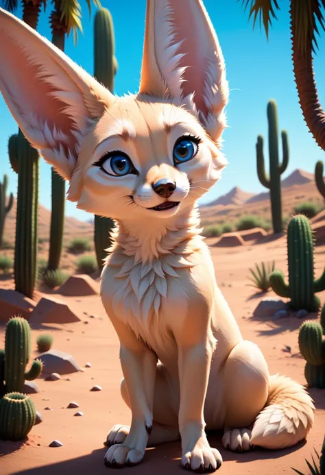 zPDXL,1 small fennec, big blue eyes, cute, fur, fluffy, lush desert oasis, vivid colors, vibrant, (looking at a scorpio), cactus