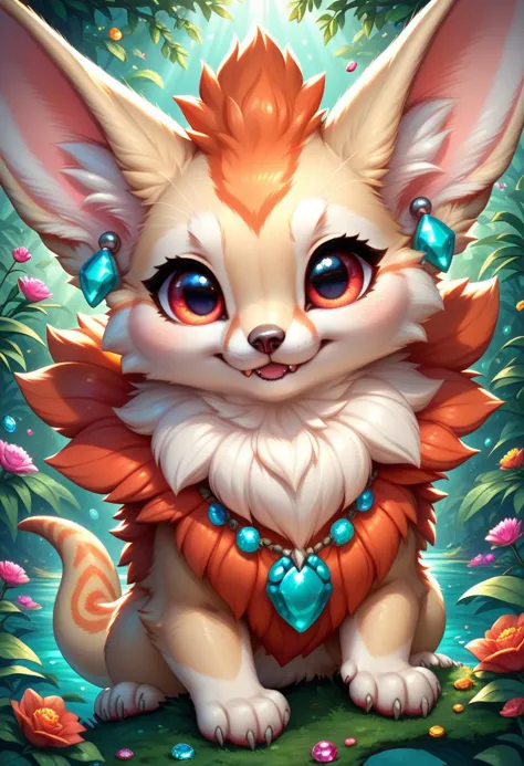 zPDXL,1 small fennec_salamander_hybrid, big red eyes, cute, fur, fluffy, gem necklace, earrings, lush oasis background, vivid co...