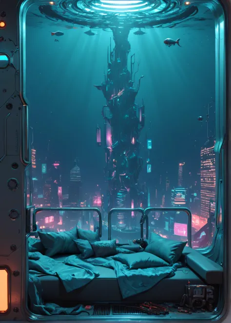 score_9, score_8_up, score_7_up,  A futuristic underwater city, lit by bioluminescent creatures,,