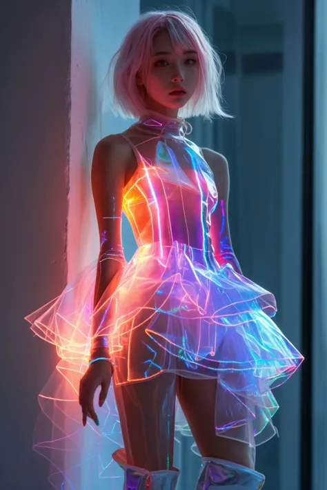 xuer hologram Laser dress,Short pink and white hair,
<lora:~Q?-Qh`oxuer hologram Laser dress:0.8>,