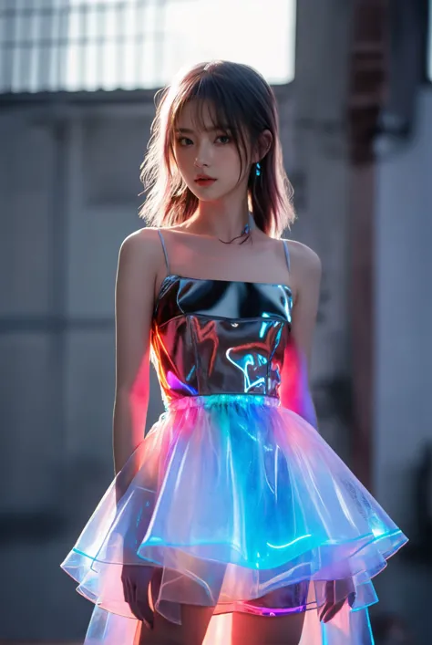 a woman in a dress with a neon skirt and a black top