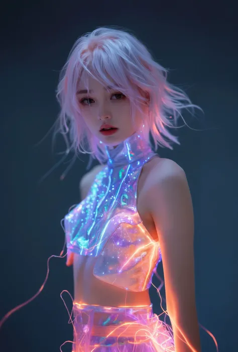 a woman with pink hair and a light up outfit