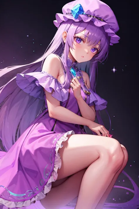 <lora:FantasyIcons_Gemstones:0.8>,( holding purple gemstone:1.1),  glowing, 
(1girl,purple hair,purle eyes,long hair, mob cap,cr...