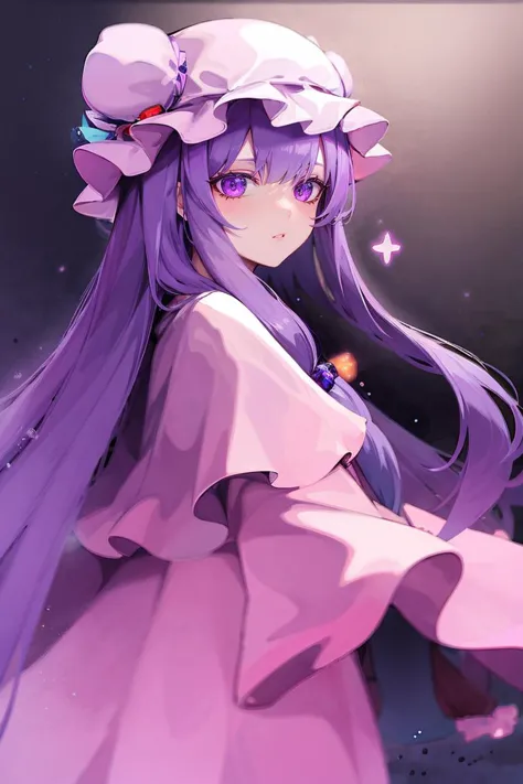 <lora:FantasyIcons_Gemstones:0.8>,( holding purple gemstone:1.1),  glowing, 
(1girl,purple hair,purle eyes,long hair, mob cap,cr...