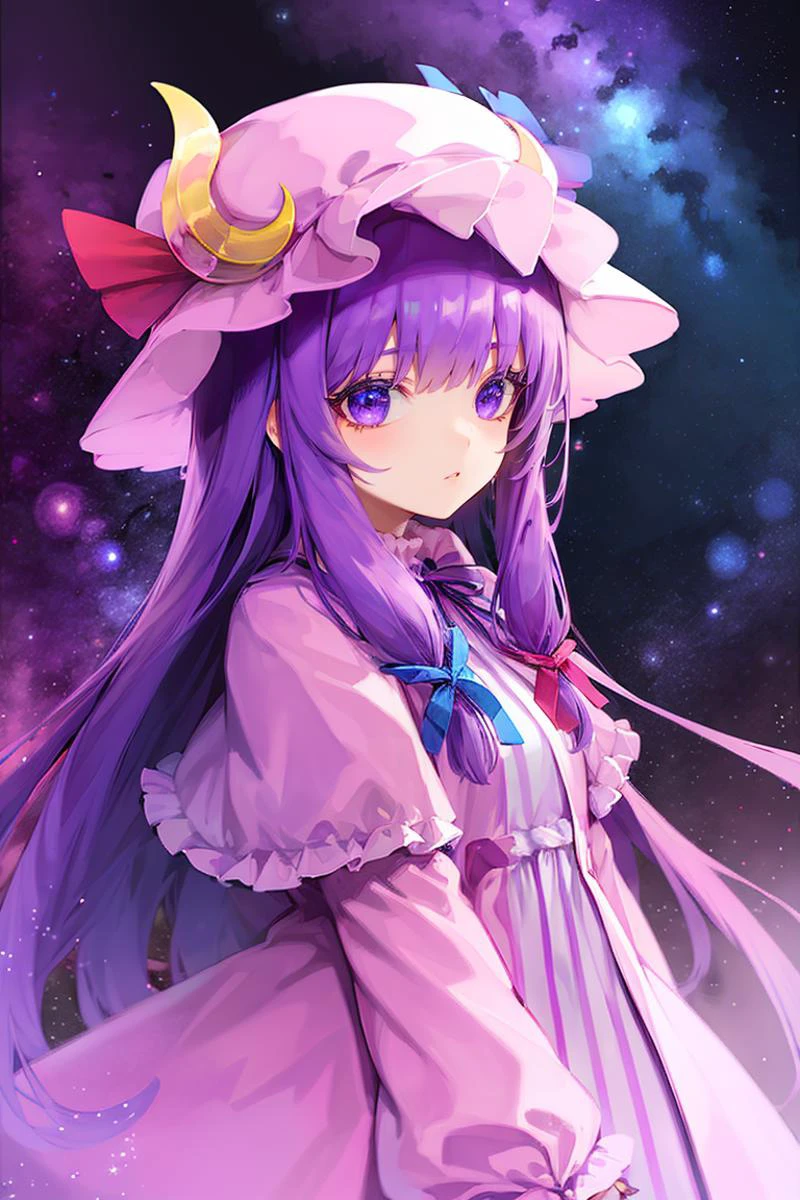 紫色寶石,  發光的, 星形符號, 空間, 星星, 行星, 宇宙, 星雲,
1個女孩,紫色頭髮,紫色的眼睛,長髮, 暴徒帽,新月形帽子裝飾品, 絲帶,裙子, 