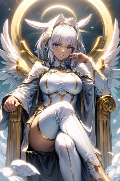 (masterpiece, best quality, detailed), 1girl, solo, looking at viewer, caenis, animal ears, (dark skin, dark-skinned female:1.4), large breasts, long hair, hair intakes, hairband,
blessedtech, blessed, aura, medieval, angel, feathered wings, halo, white dress, indoors, throne room, throne, pillar, banner, gold, stone wall, sitting, crossed legs, smile, parted lips