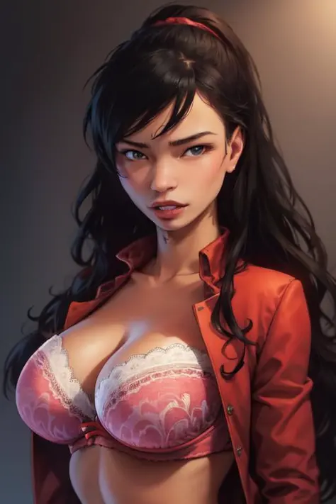((best quality)), ((masterpiece)), (detailed),(high-resolution:1.2),
1girl, Old Cixi, long hair, open shirt, bra, red jacket