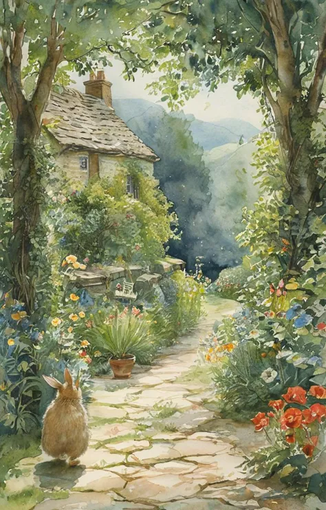 masterpiece,best quality,<lora:tbh134-sdxl:0.85>,garden,outdoor,illustration,watercolor,Beatrix Potter,