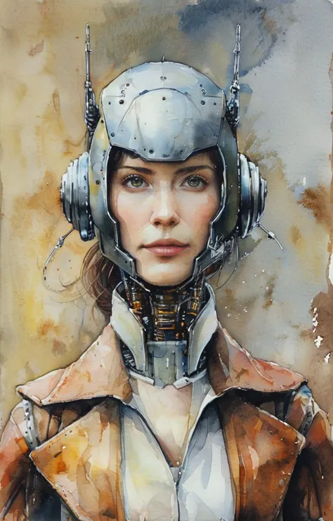 a painting of a woman in a helmet and jacket