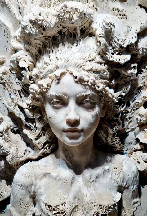 rough concrete, mushroomz, ral-mycelium, transluscent cement sculpture by Bernini of a young woman, subsurface scattering, intricate details, backlighting, mirrored imagery